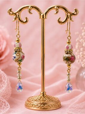 Vintage Wedding Cake Beads, Art Glass & Crystals Gold and Pink Beaded Earrings